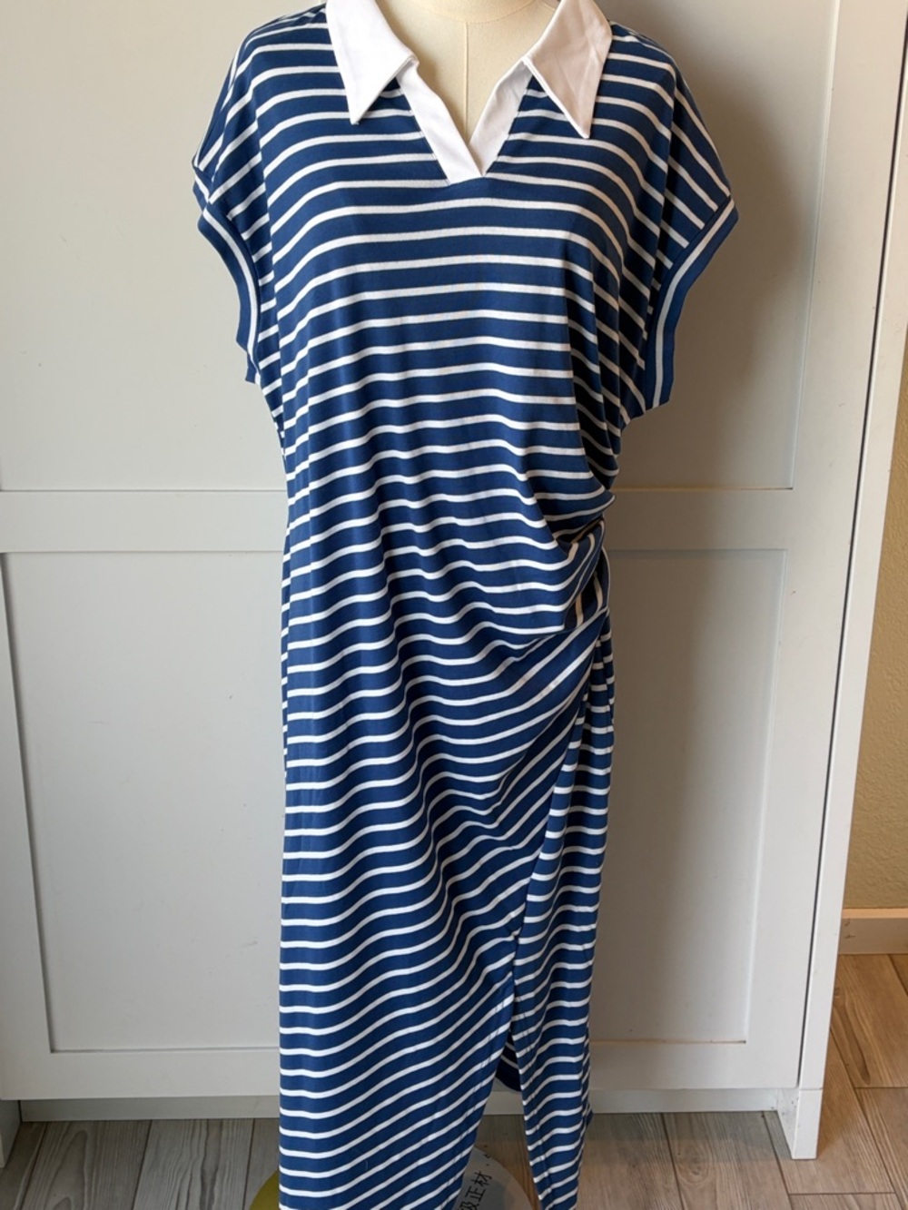 Grace Karin Blue and White Striped Polo Collar Maxi Dress Women’s Size 2XL NWT